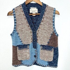 Vintage Hand Embroidered Christopher & Banks Blue Brown Patchwork Vest Size S